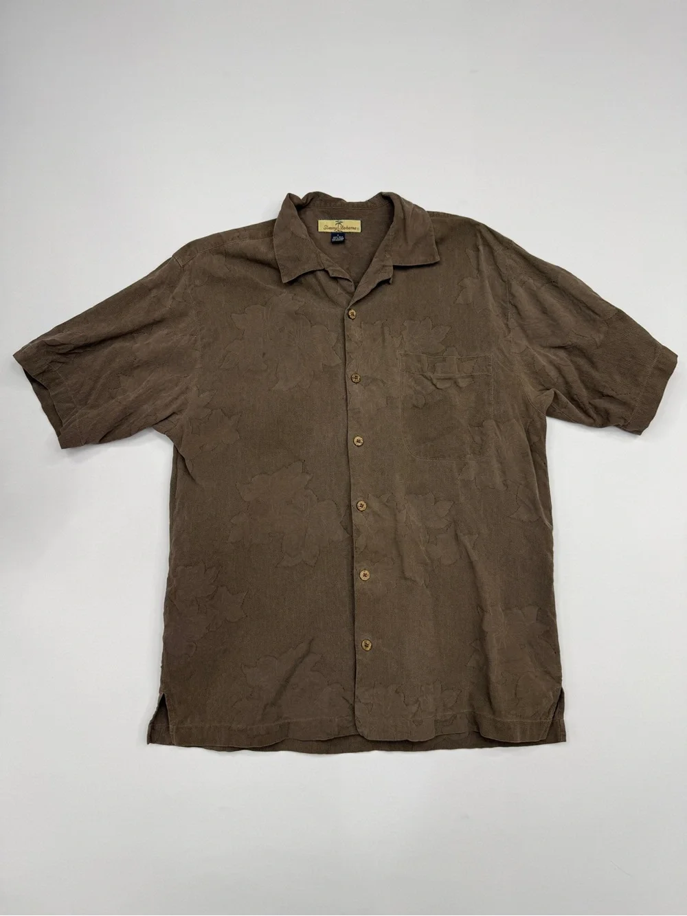 Tommy Bahama Men's 100% Silk Jacquard Palm Floral Camp Shirt Brown